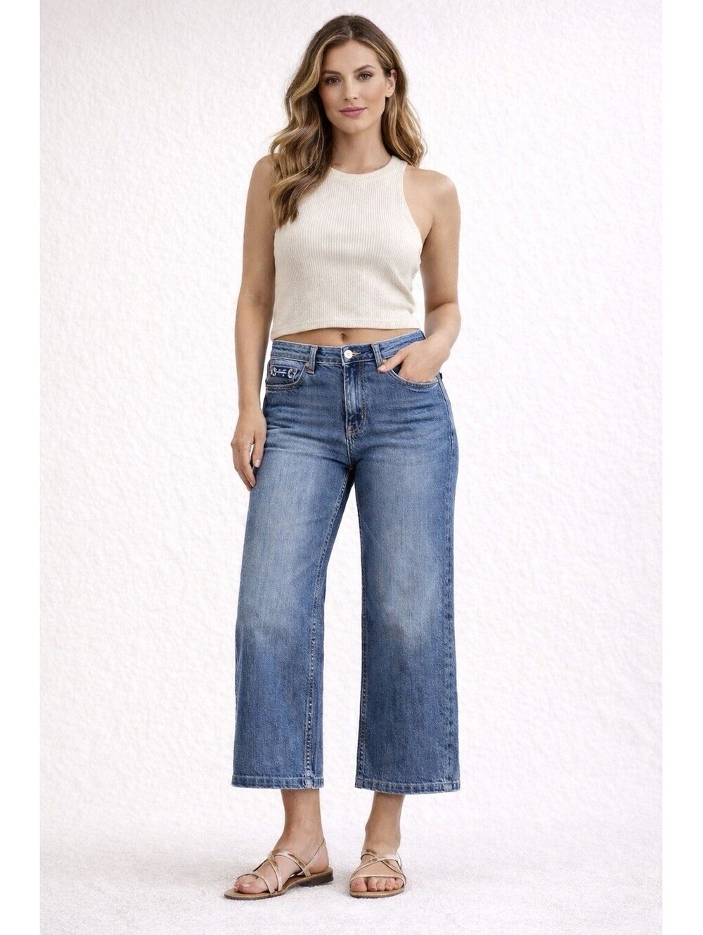 Le Temps Des Cerises Lauryn Wide Leg Crop Candiani Denim Milan Italy Womens T31